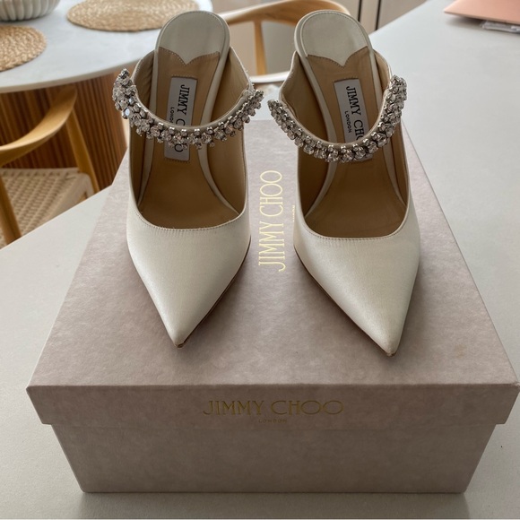 Jimmy Choo Bing 100 Embellished High Heel Mules - White Satin - Picture 5 of 14